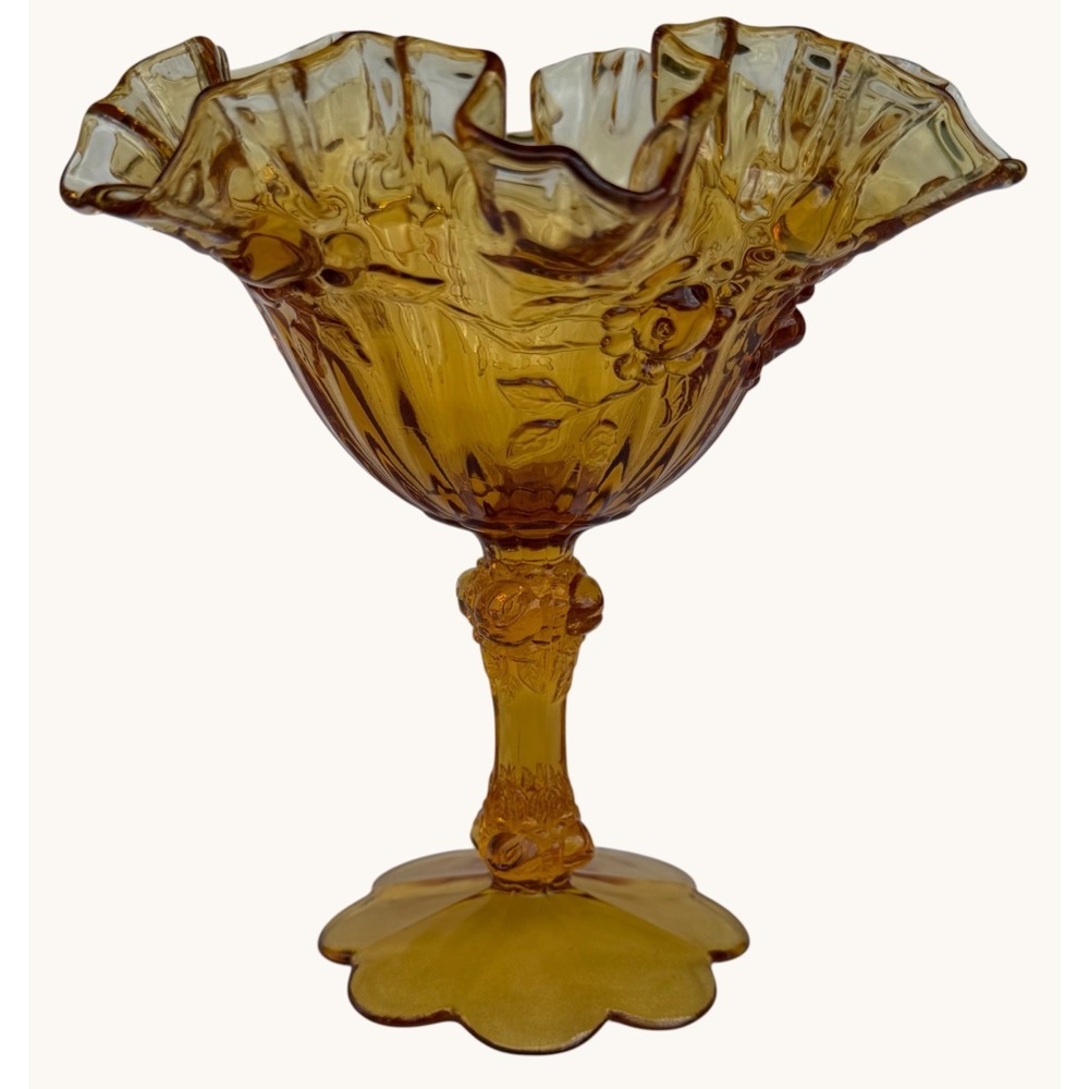Vintage Fenton Amber Cabbage Rose Compote Dish Double Ruffle Rim 6.25"